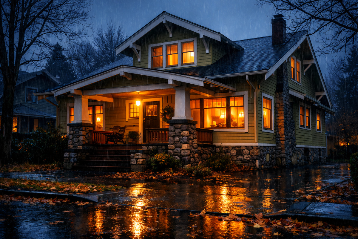 Charming older Portland Craftsman home in winter rain with warm lit windows.