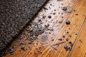 Close up of gritty mud and debris on vintage hardwood floor showing need for Portland home cleaning.