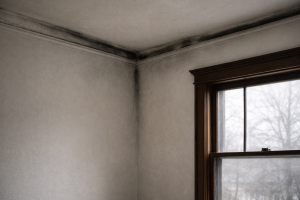 Dark ghosting stains on plaster walls and ceiling of older Portland home caused by winter condensation.