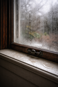 Heavy condensation on single pane vintage window in Portland home with water on wood sill.
