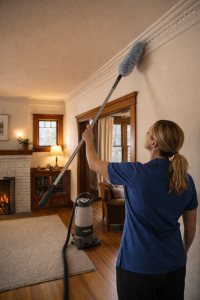 Professional cleaner dusting high crown molding in historic Portland home during winter maintenance.