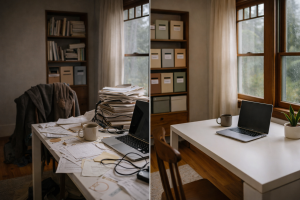 two side by side views of home offices. Left: a cluttered and disorganized office Right: a clean and organized office