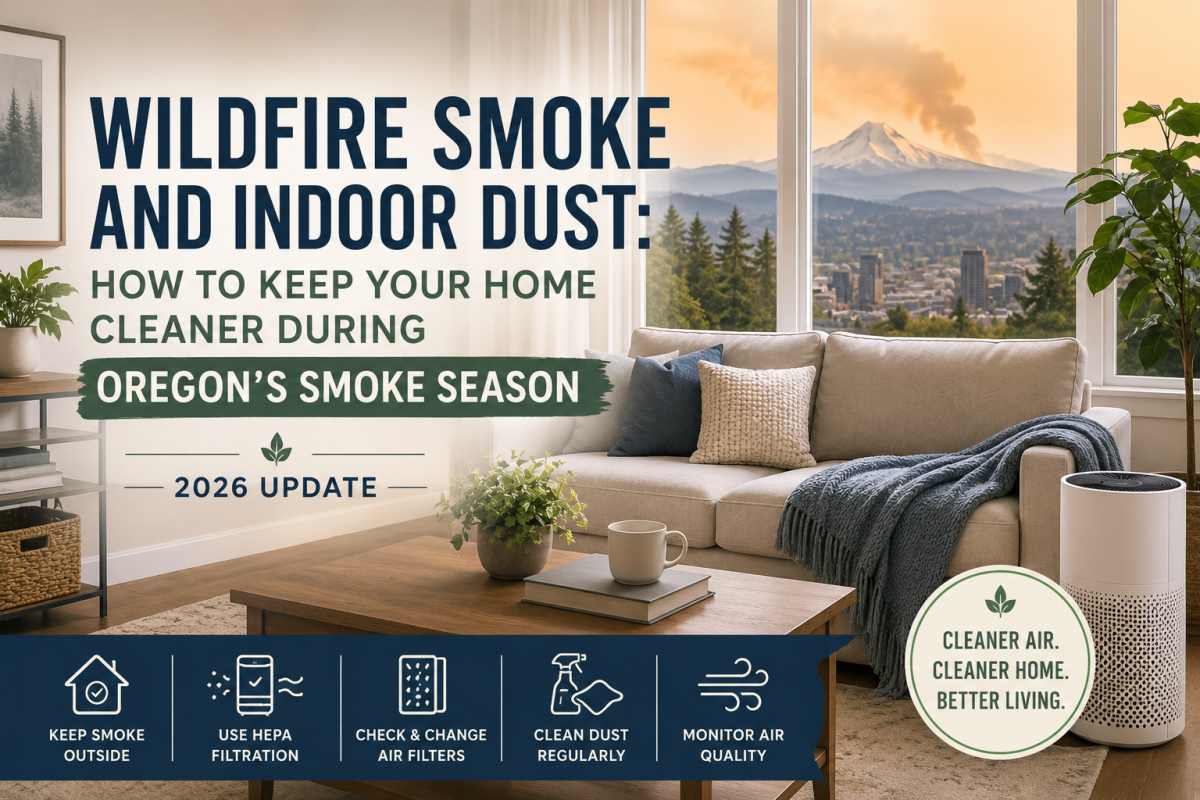 Modern living room with an air purifier and smoky Oregon skyline, illustrating how to reduce indoor dust during wildfire smoke season.
