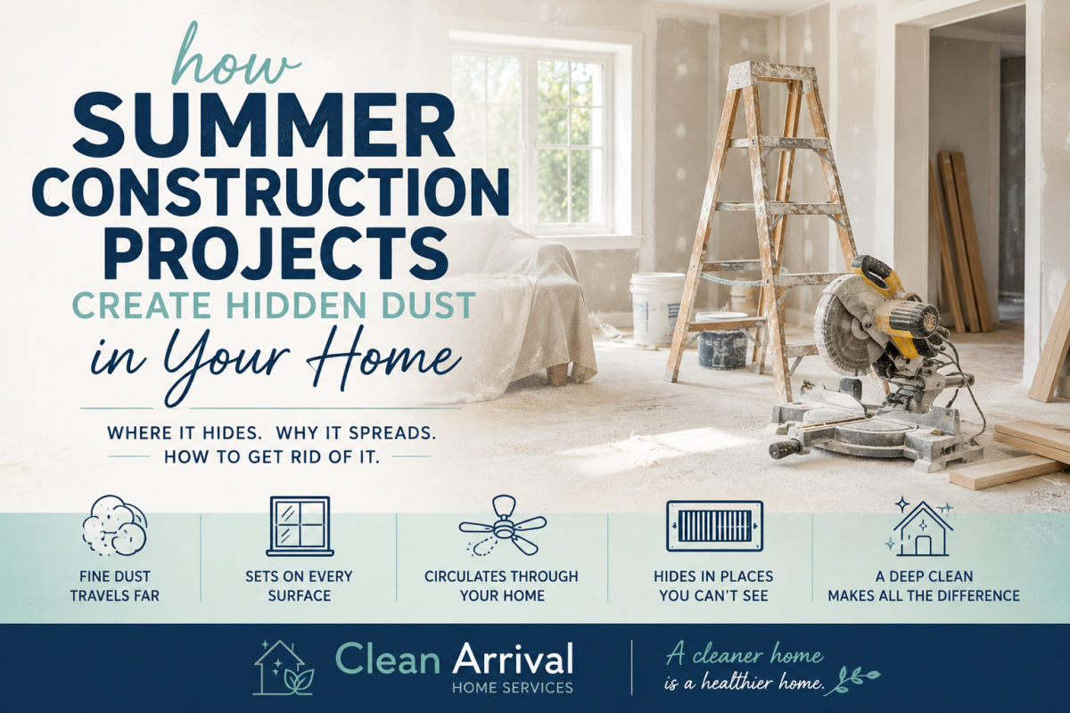 Home renovation in progress with construction tools, drywall dust, and a ladder, illustrating how summer construction projects create hidden dust that spreads throughout a home.
