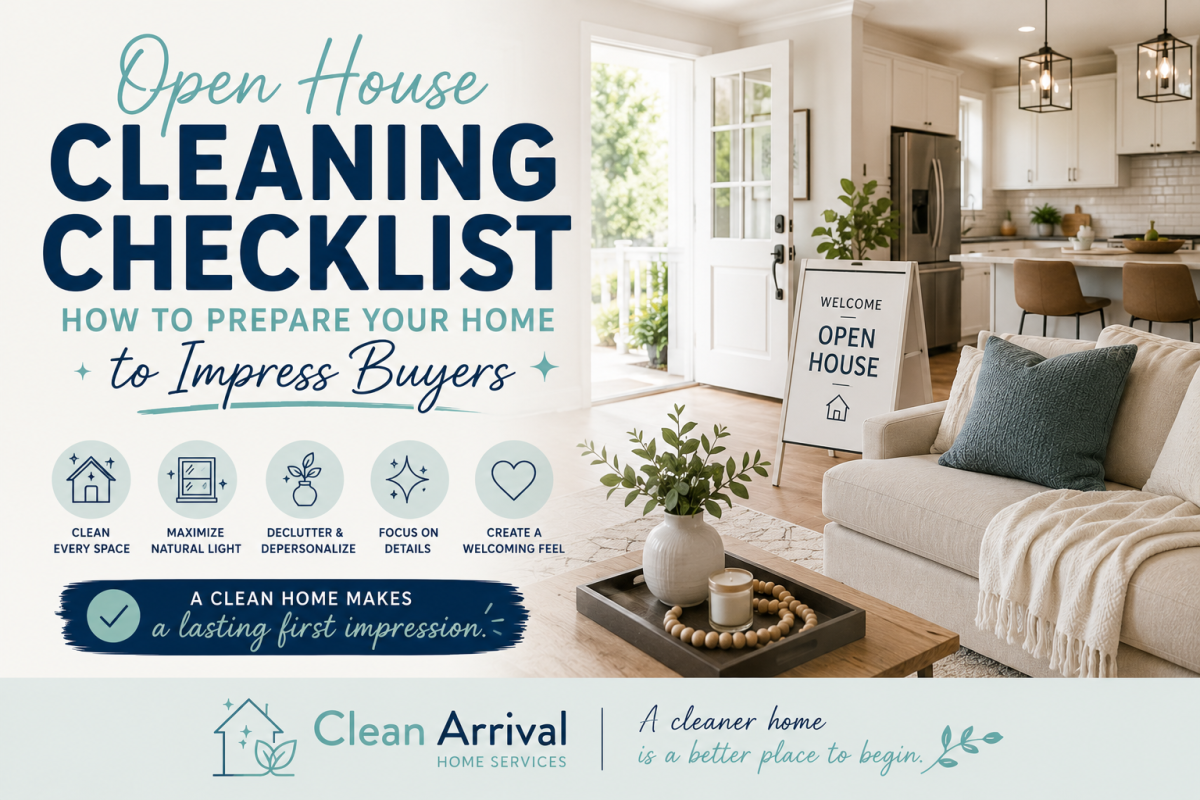 Bright, professionally staged home with an open house sign, clean living room, and modern kitchen illustrating an open house cleaning checklist for homeowners preparing to impress buyers.